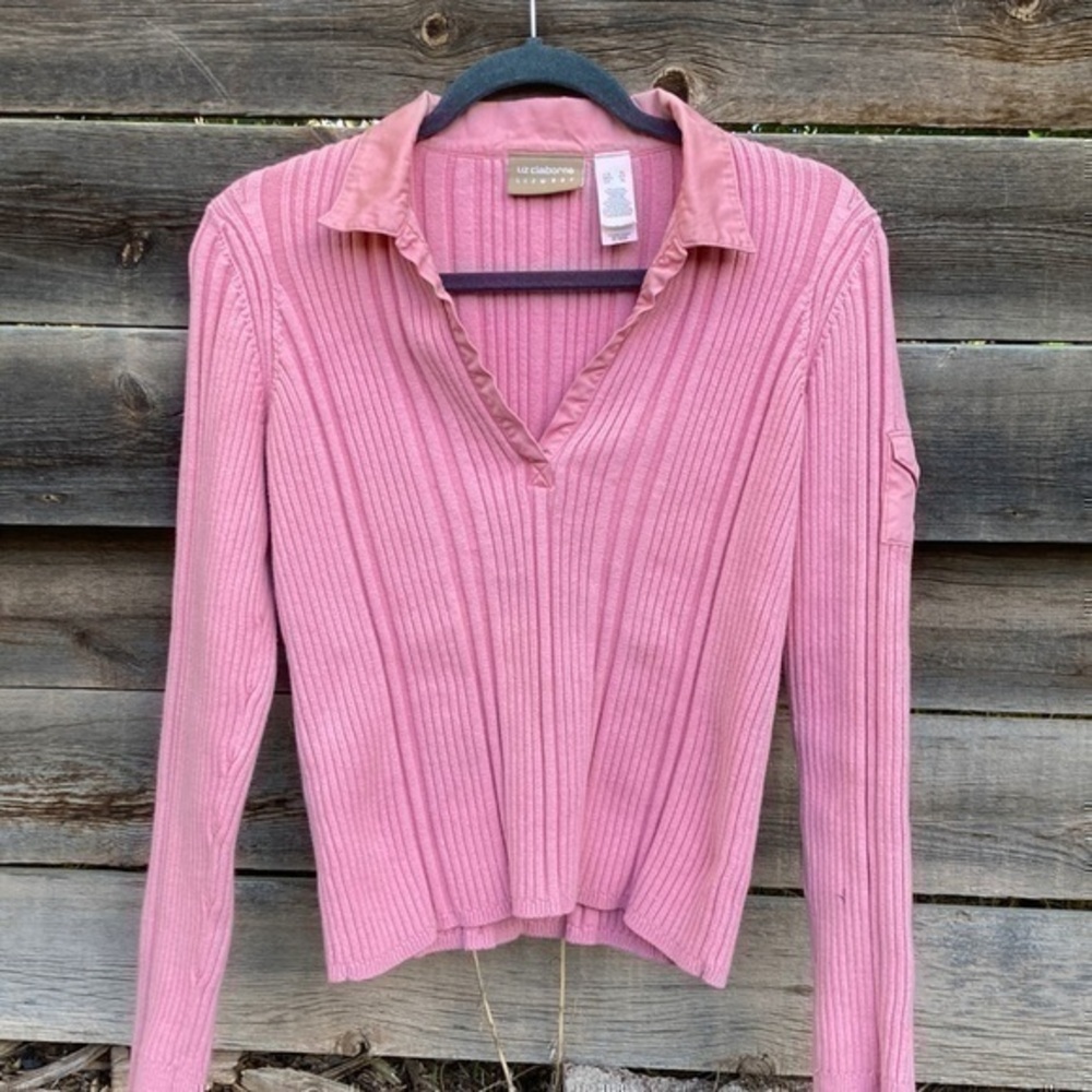 Vintage 90s Liz Claiborne Pink Collared Ribbed Pullover Sweater​